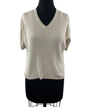Vintage PAUL STUART Beige L Knit Sweater V-Neck Short Sleeve Pullover Regular
